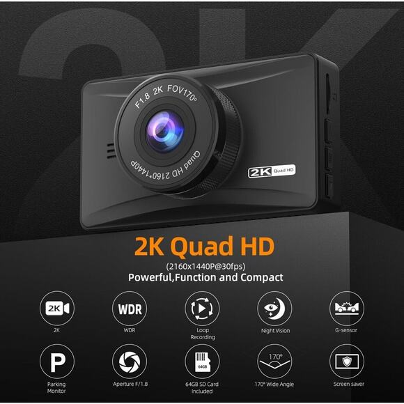 Dash Cam 2K Front 64 GB 1440P HD Camera, Night Vision 170° Wide Angle, Loop - 3” - Picture 2 of 14